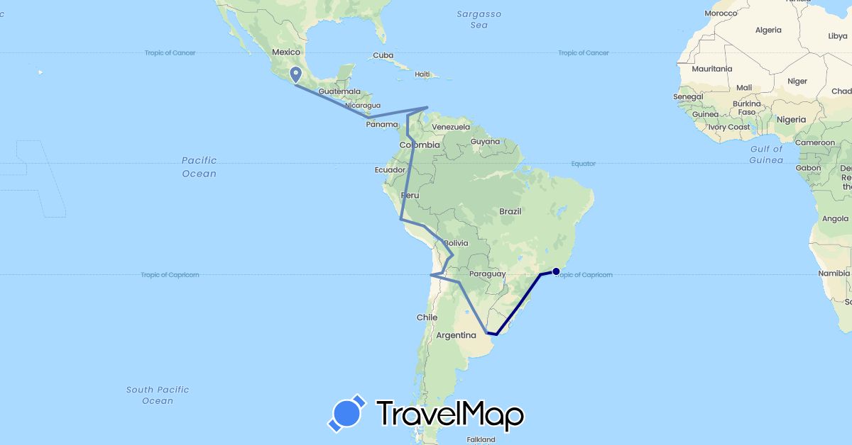 TravelMap itinerary: driving, cycling in Argentina, Bolivia, Brazil, Chile, Colombia, Costa Rica, Mexico, Peru, Uruguay (North America, South America)
